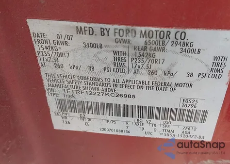 2007 Ford F-150 Stx/Xl/Xlt from USA, damaged, VIN 1FTRF12227KC26985